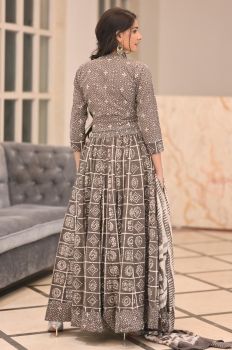 Brownish Grey Hand Block Printed Designer Top & Skirt With Mulmul Dupatta