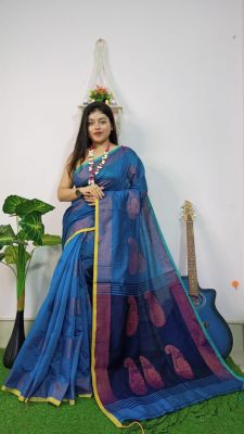 Blue Pure Handloom Dhakai Jamdani Saree From Bengal
