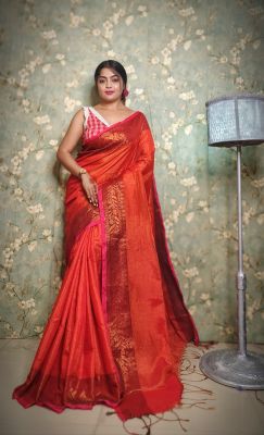 Red Pure Handloom Tissue Silk Saree From Bengal