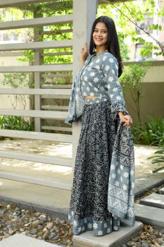 Sky Blue Hand Block Printed Designer Grey Top & Black Skirt With Mulmul Dupatta
