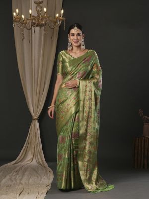 Olive Green Pure Handloom Organza Saree