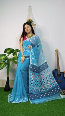 Light Sky Blue Pure Handloom Dhakai Jamdani Saree From Bengal