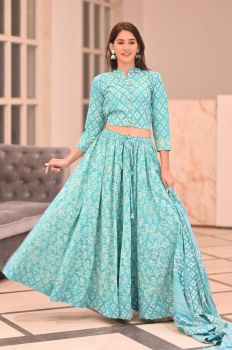 Sky Blue Hand Block Printed Designer Top & Skirt With Mulmul Dupatta