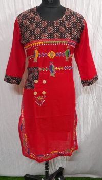 Red Pure Handloom Kantha Stitch Kurti From Bengal