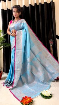 Baby Blue Pure Handloom Soft Cotton By linen Flower Design Saree