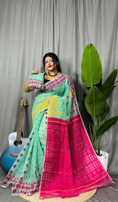Green Handloom Dhakai Jamdani Saree From Bengal