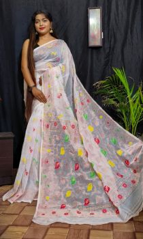 White Leaf Design Pure Handloom Soft Dhakai Jamdani Saree