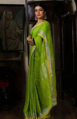 Green Linen By Linen Pure Handloom Saree From Bengal