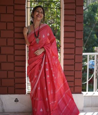 Coral Pink Pure Handloom Linen By Linen Saree From Banaras