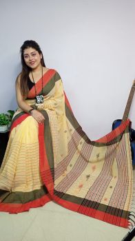 Cream Buti Checks Pure Handloom Cotton Saree