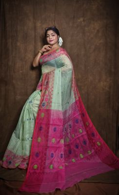 Greyish Green Pure Handloom Dhakai Jamdani Saree From Bengal