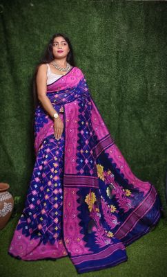 Royal Blue Pure Handloom Dhakai Jamdani Saree From Bengal