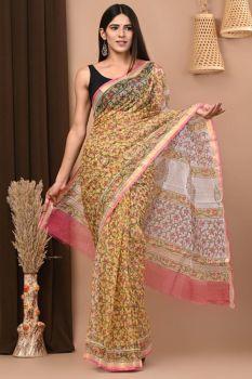 Deep PeachKota Doriya Printed Leaf Design Saree