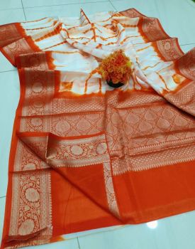 Orange White Printed Pure Handloom Silk Saree