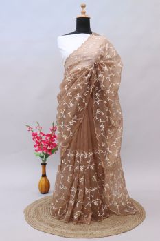 Beige Leaf Thread Work Organza Saree