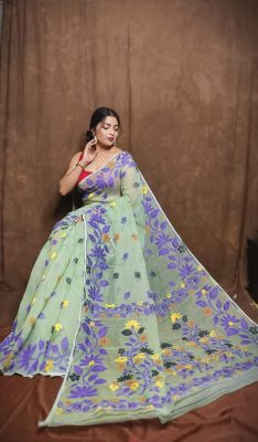 Grayish Green Pure Handloom Dhakai Jamdani Saree From Bengal