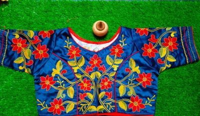 Blue Latta Cotton Non Pad Readymade Blouse