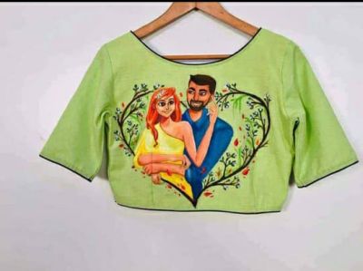 Green Hand Print Cotton Readymade Blouse