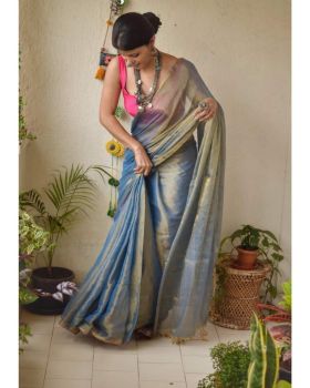 Slate Grey Golden Pure Handloom Tissue Saree From Bengal