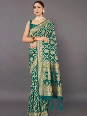Dark Aquamarine Pure Handloom Silk Cotton Saree From Banaras