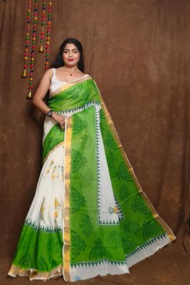 Multi Colour Pure Handloom Kerala Cotton Saree From Bengal