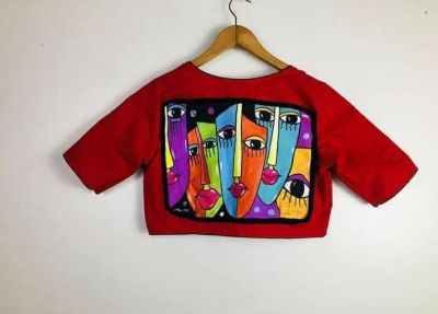 Red Hand Print Cotton Readymade Blouse