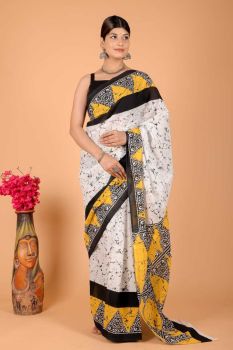 White Hand Block Cotton Pure handloom Printed Design Saree