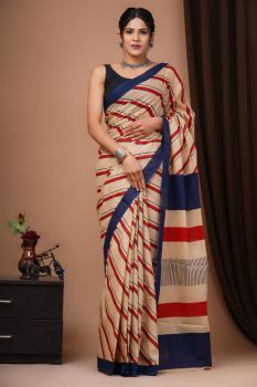 Multi color Block Print Cotton mulmul saree