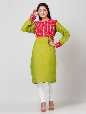 Olive Green Pure Handloom Kantha Stitch Kurti From Bengal
