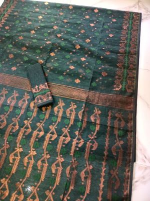 Bottle Green Pure Handloom Dhakai Jamdani Saree From Bengal