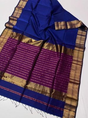 Purple Blue Pure Handloom Maheshwari Silk Cotton Saree From Bengal