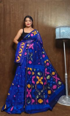 Dark Blue Pure Handlloom Dhkai Jamdani Saree From Bengal