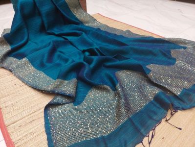 Blue Resham Cotton Sequence Jamdani Saree