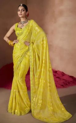 Turmeric Yellow Pure Handloom Georgette Saree From Banaras