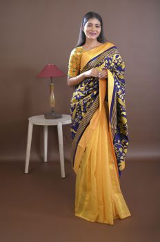 Yellow Pure Handloom Katha Stitch Saree From Bengal