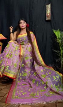 Light Pink Leaf Embroidery Resham Saree From Bengal