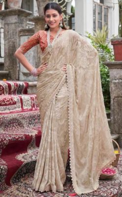 Beige Pure Handloom Banarasi Silk Saree From Banaras