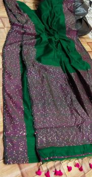 Green And Purple Resham Cotton Sequence Jamdani Saree
