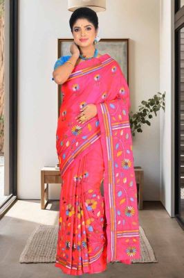 Hot Pink Handloom Kantha Stitch Saree From Bengal