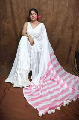 White Pink Pure Handloom Khesh Cotton Saree From Bengal