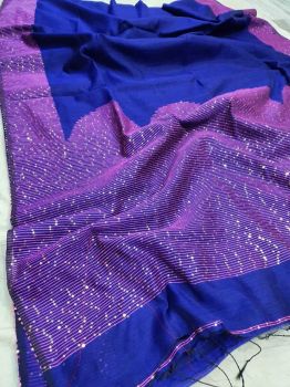 Navy Blue Resham Cotton Sequence Jamdani Saree