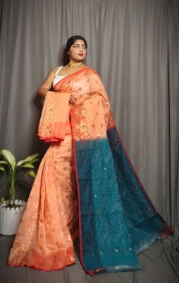 Coral Pure Handloom Dhakai Jamdani Saree From Bengal