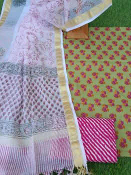Greenish Green White Cotton Suit Dress Material