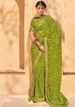 Parrot Green Pure Handloom Georgette Saree From Banaras