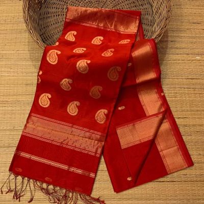 Red Pure Handloom Meheshwari Silk Cotton Saree From Bengal