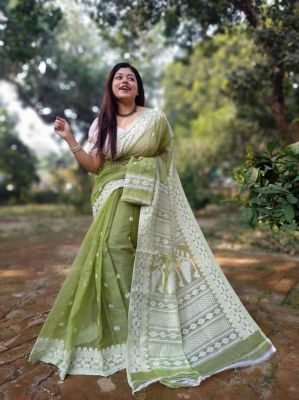 Green Pure Handloom Dhakai Jamdani Saree From Bengal