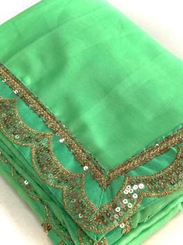 Green Plain Body Embroidery Work Chiffon Saree