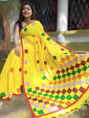 Yellow Pure Handloom Cotton Saree From Bengal