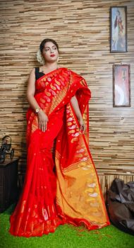 Milano Red Pure Handloom Beki Jora Mango Design Saree