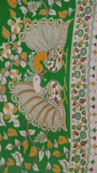 Mehandi Green & Orange Kalamkari Cotton Saree
